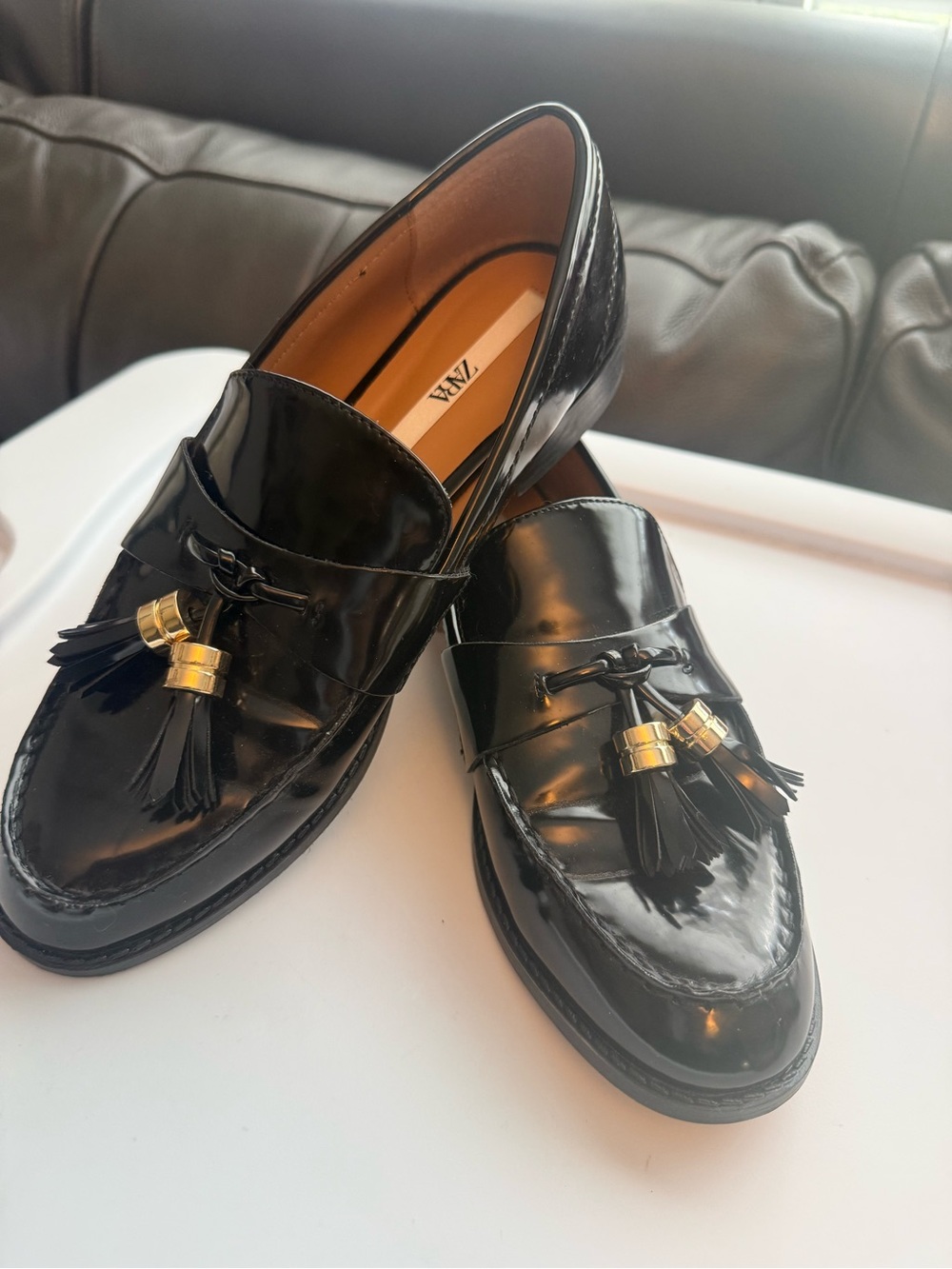 Zara Black Patent Tassel Loafers with Gold Hardware